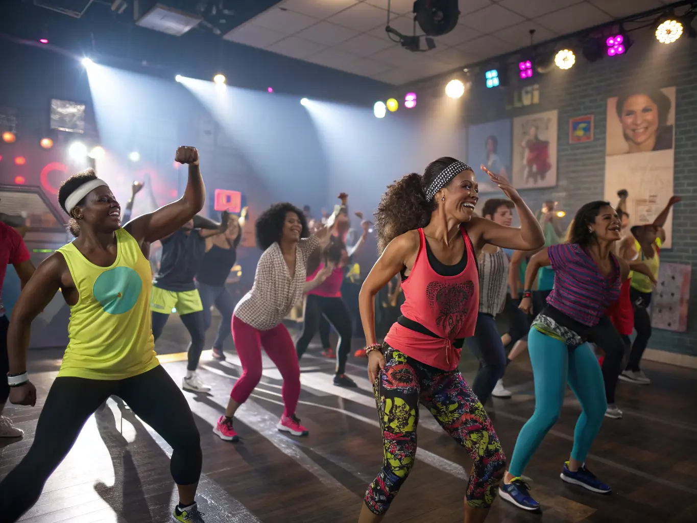 A group of diverse individuals participating in a lively aerobics class at a community center, showcasing energy and enthusiasm.