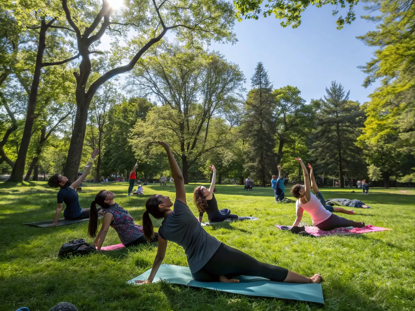 A serene yoga session taking place outdoors in a park, with participants in various poses, emphasizing relaxation and mindfulness.